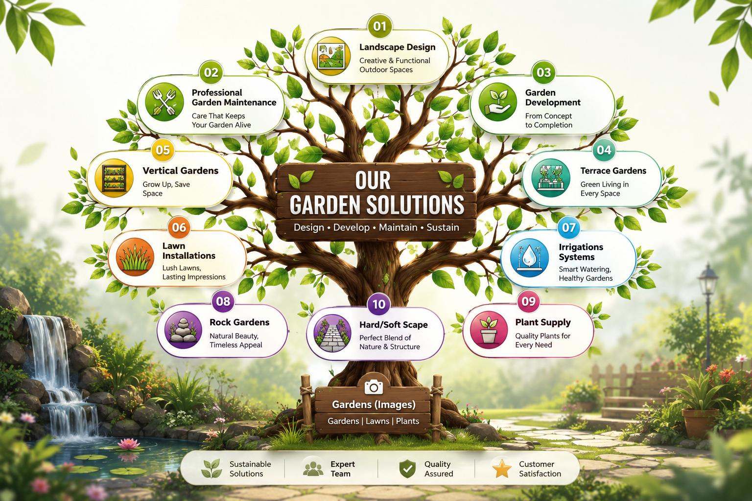 Complete range of landscaping and horticulture services offered by Aditya Enterprises including garden design, maintenance, vertical gardens and terrace gardens